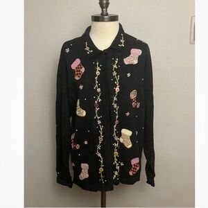 11-30 B.P. Design Women XL Black Christmas Holiday Cardigan Sweater Pastel